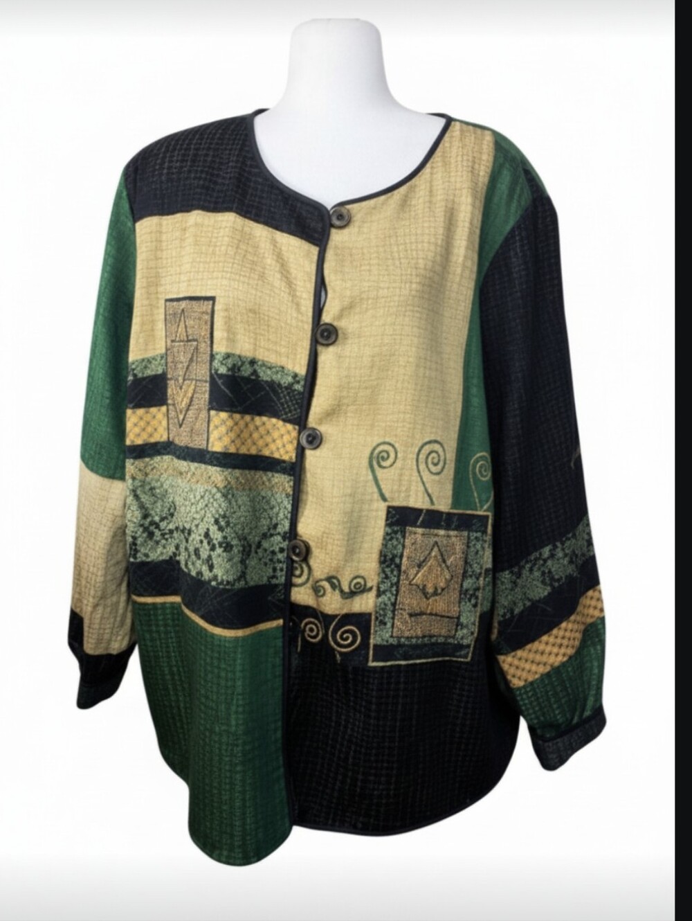Vtg 90s Wearable Art Patchwork Jacket Green Black Abstract Artsy Boxy Sz 1X
